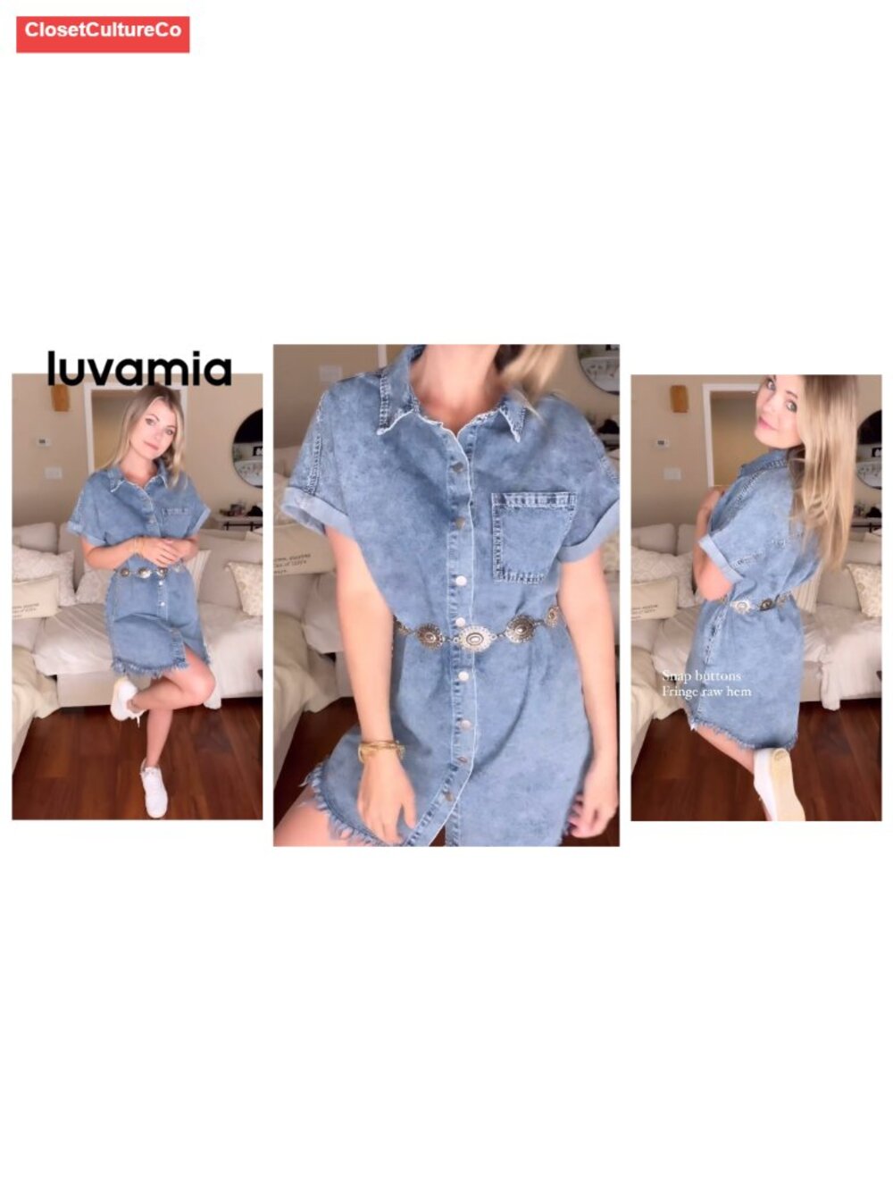 Denim Shift Dress Button Down Short Sleeve Raw Hem Pockets Casual Summer - Picture 6 of 6